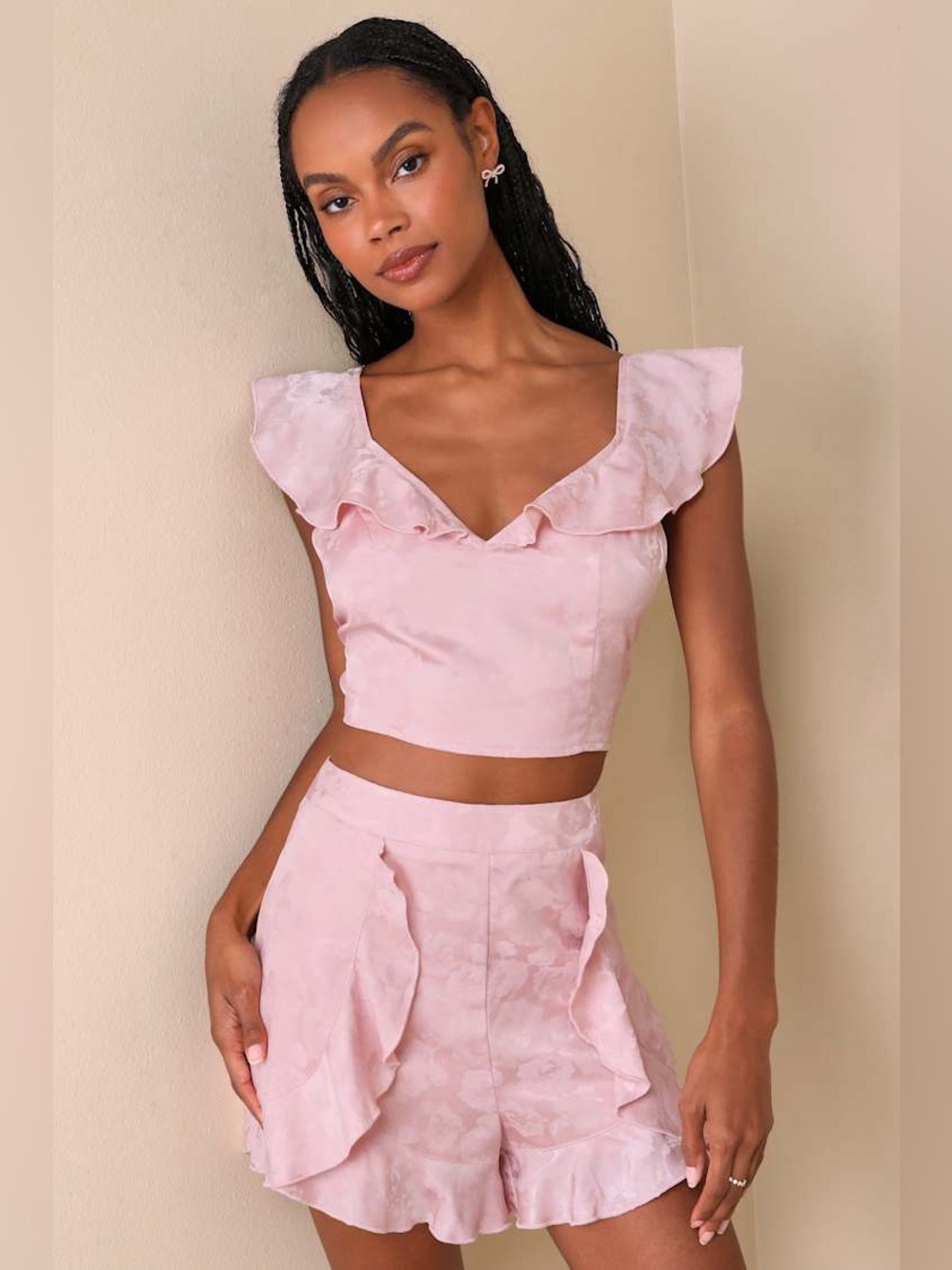 NWT Lulus Ruffled Satin Pink Jacquard Set